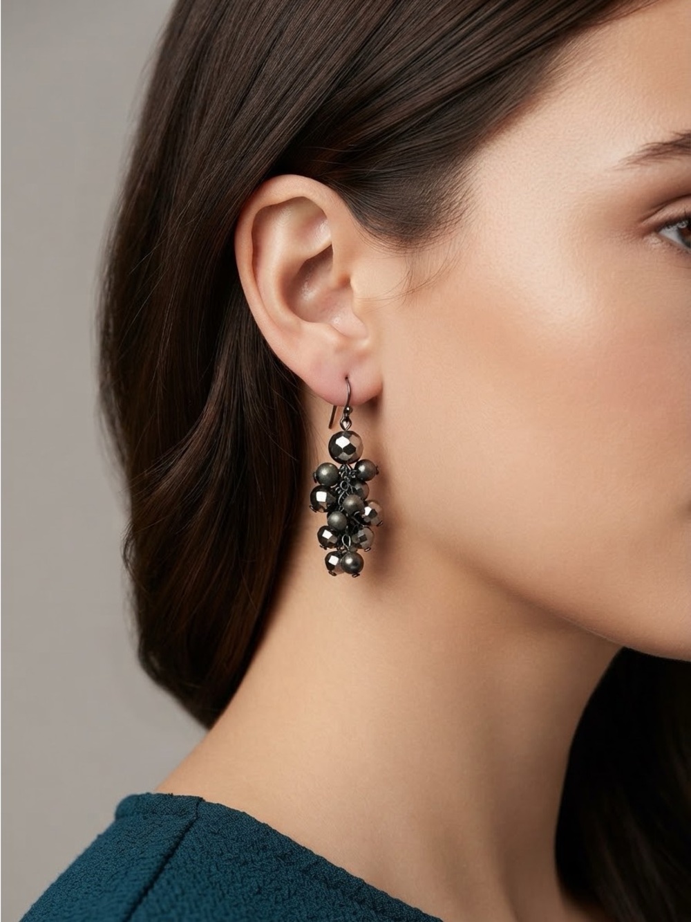 Vintage Gunmetal Cluster Drop Earrings | Metallic Beaded Waterfall Earrings